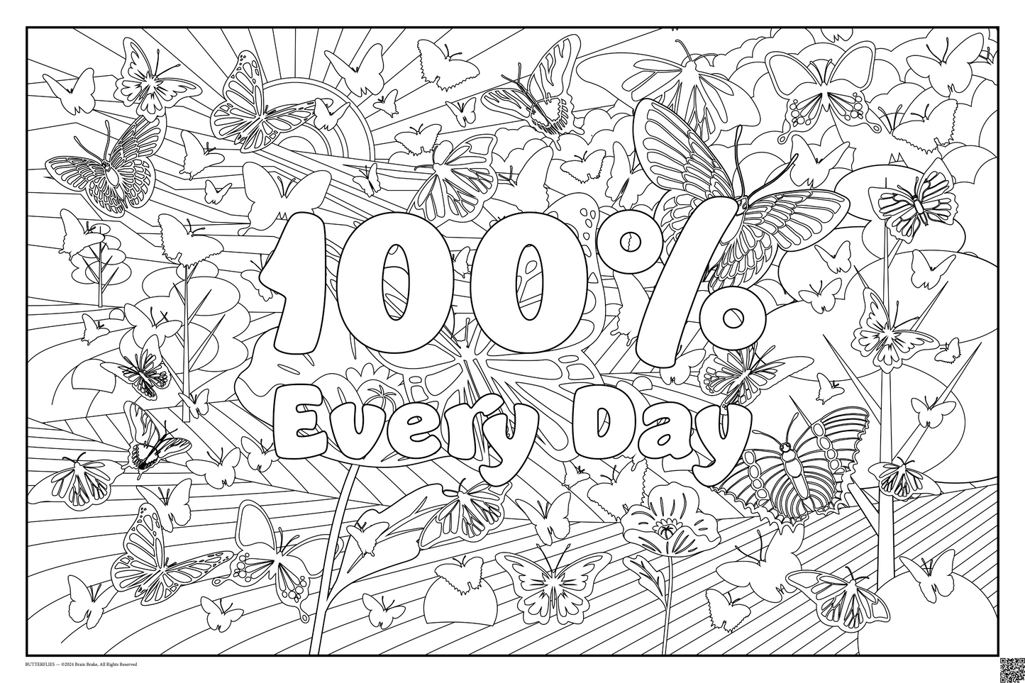 Coloring posters with butterflies theme text reads 100% every day. three sizes available