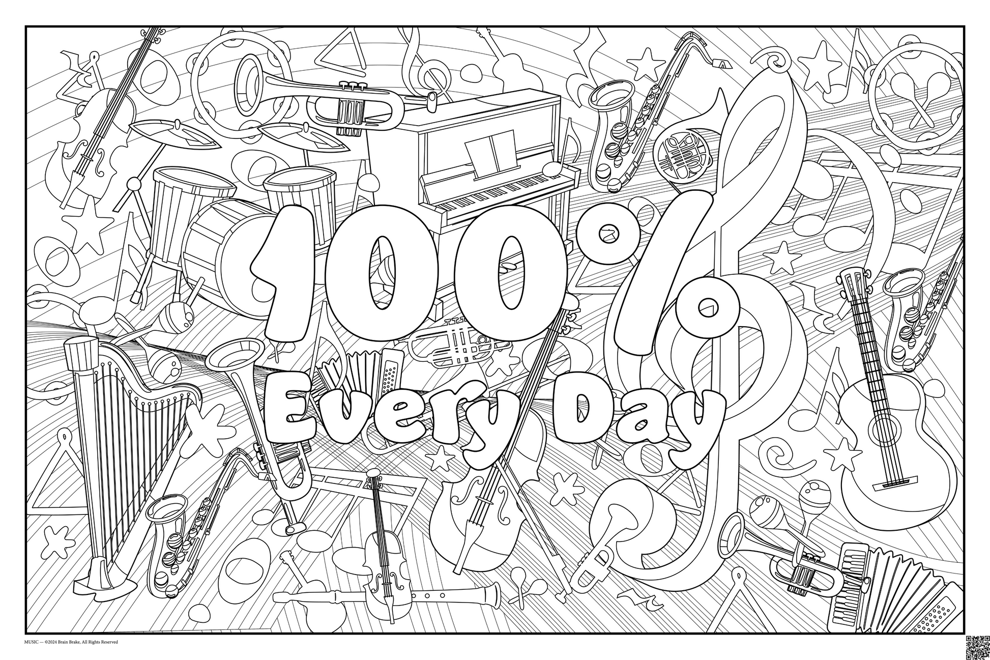 Coloring posters with music theme text reads 100% every day. three sizes available
