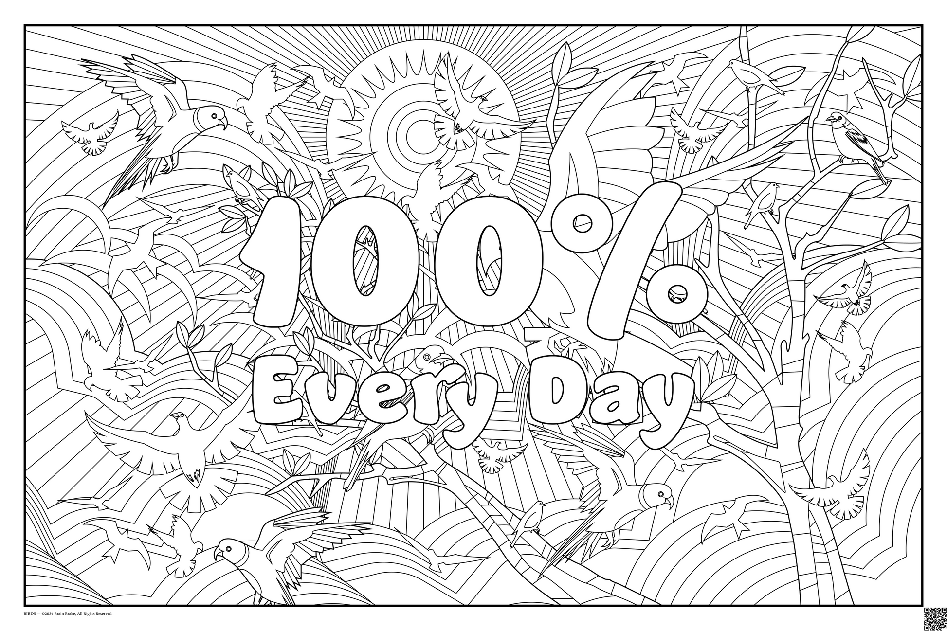 Coloring posters with birds theme text reads 100% every day. three sizes available 