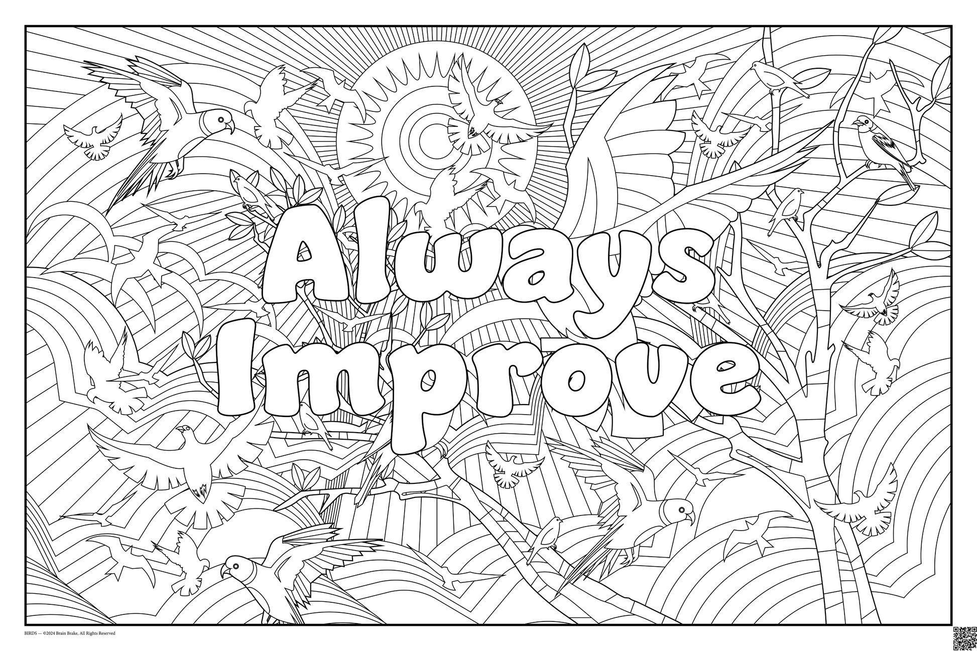 Coloring posters with birds theme text reads 100% every day. three sizes available always improve