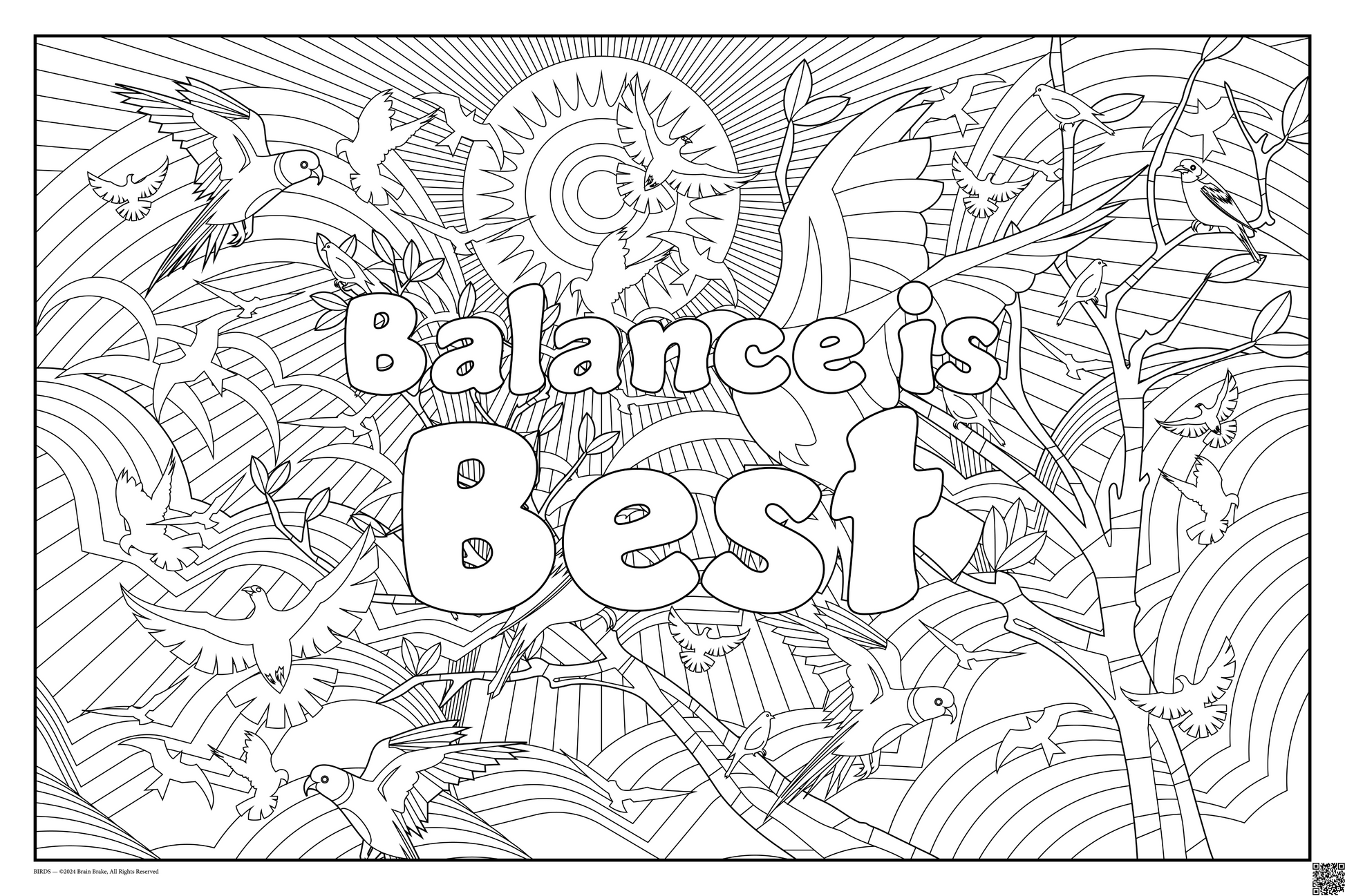 Coloring posters with birds theme text reads 100% every day. three sizes available balance is best