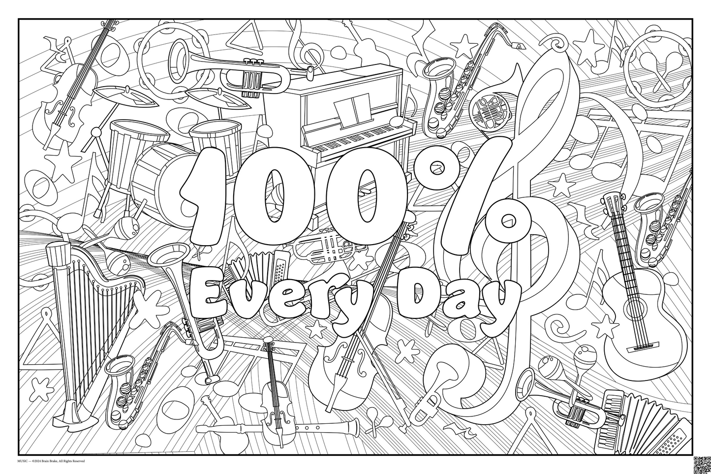 Coloring posters with music theme text reads 100% every day. three sizes available 