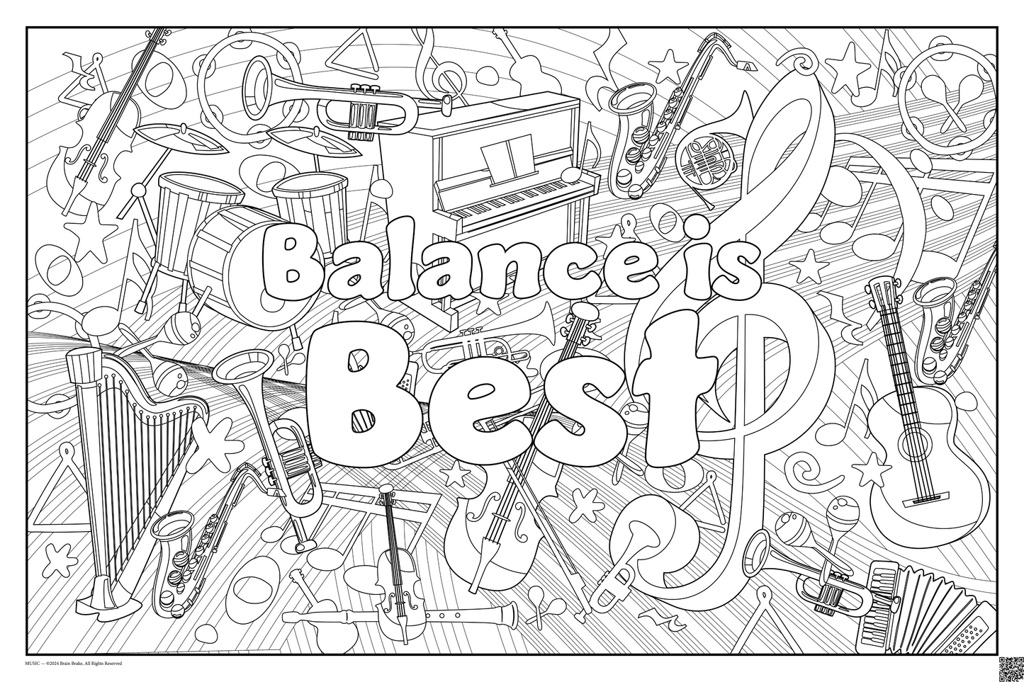 Coloring posters with music theme text reads 100% every day. three sizes available balance is best
