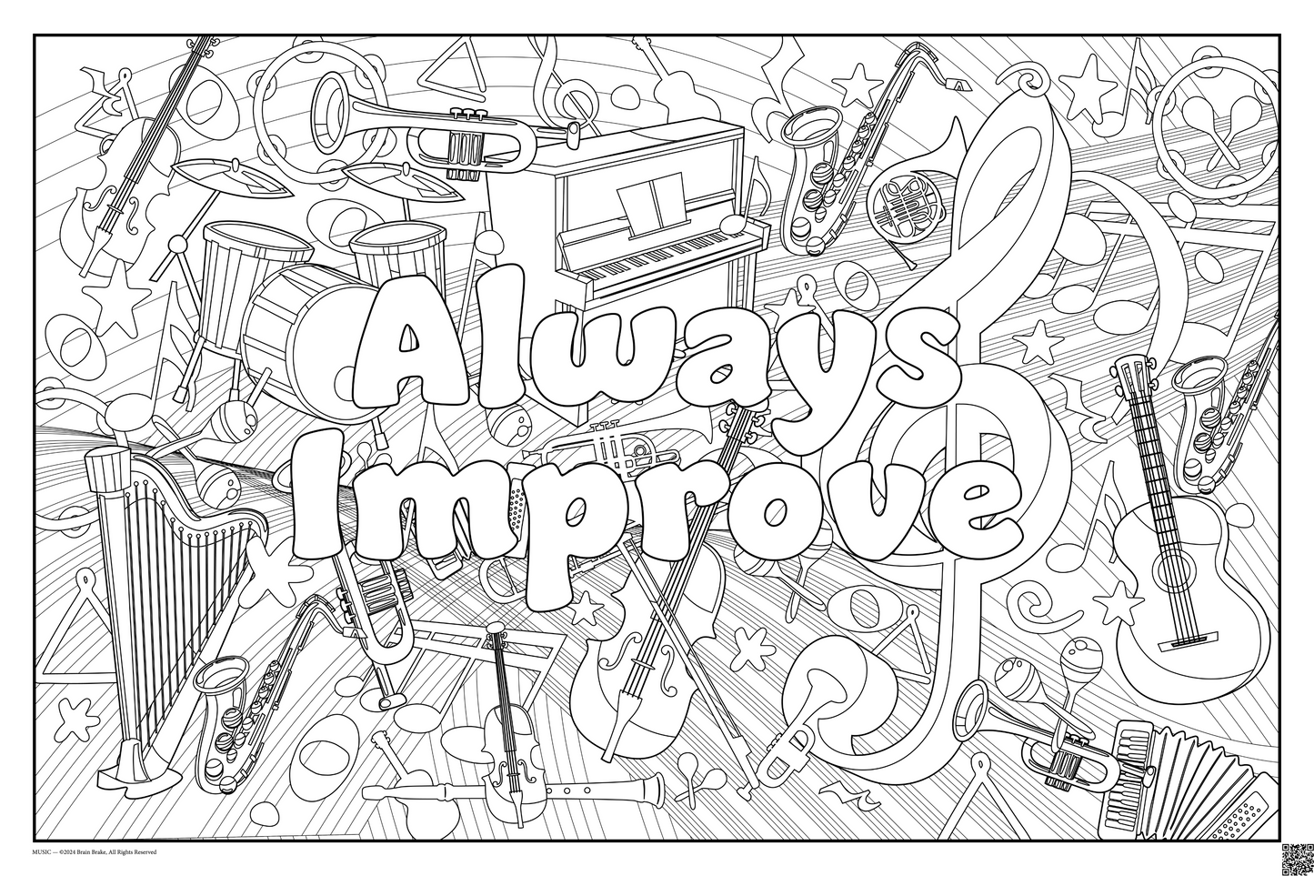 Coloring posters with music theme text reads 100% every day. three sizes available always improve